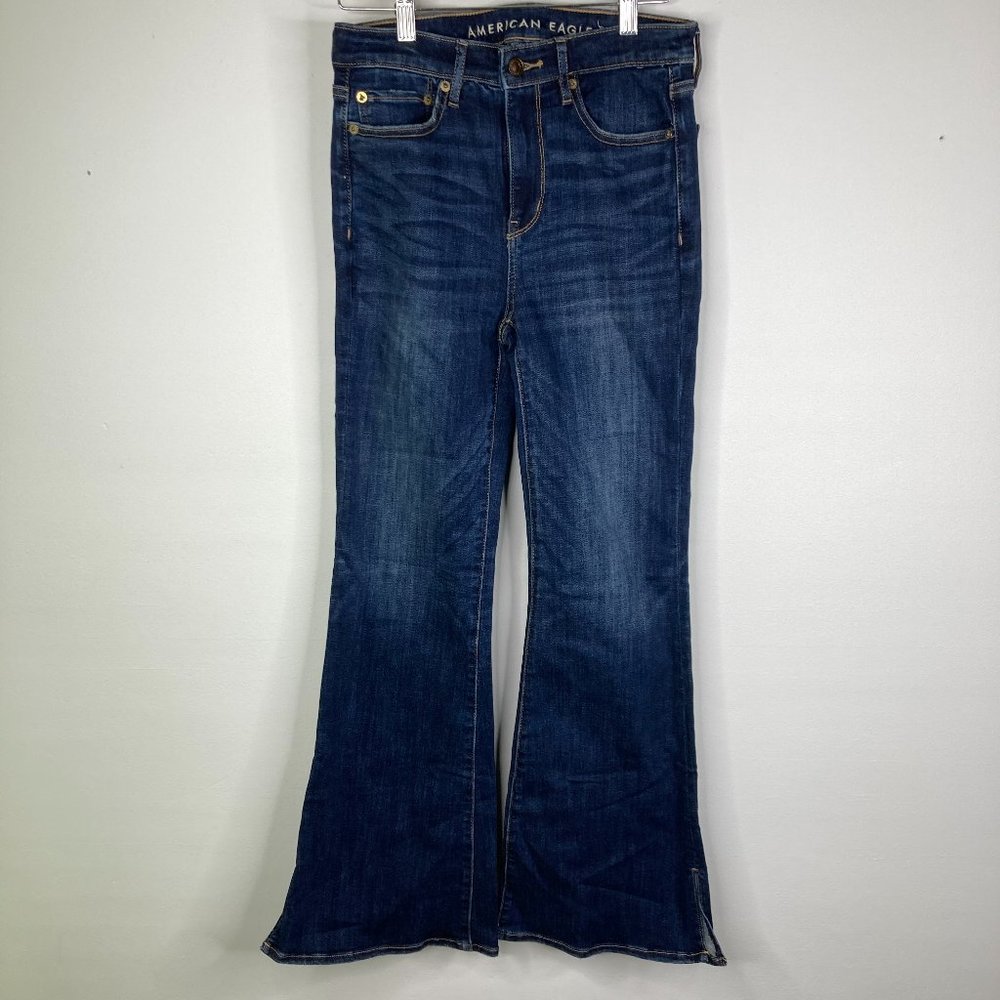 American Eagle Super High Rise Flare Stretch Dark Wash Jeans Split Leg Hem, Sz 4